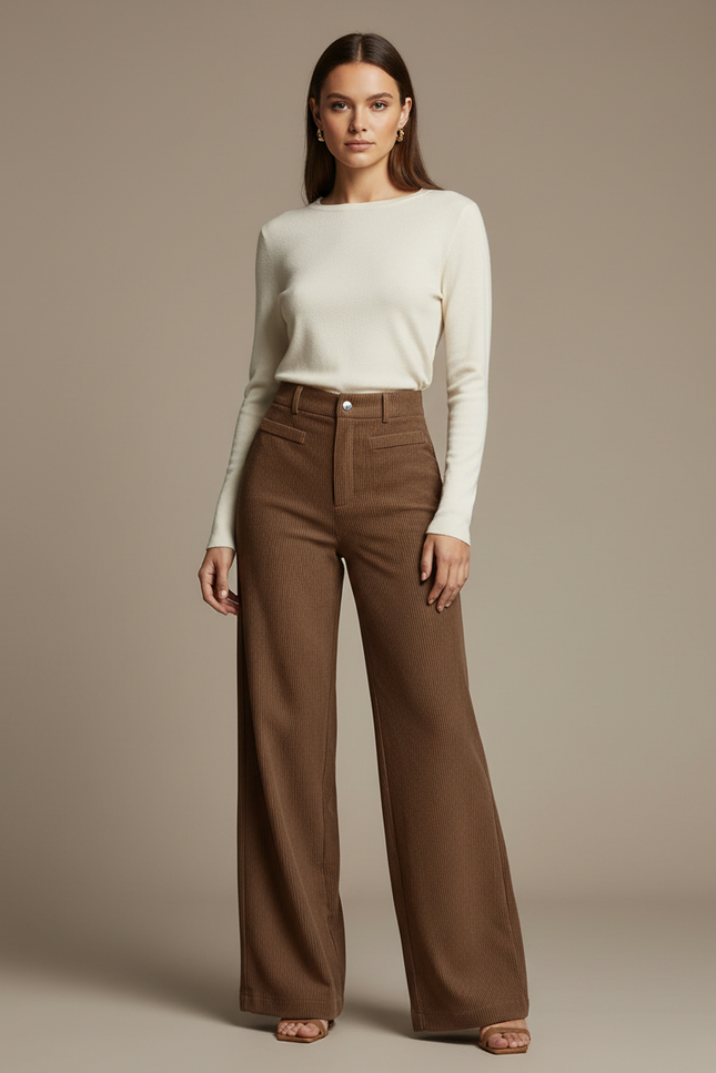 Pantalon Velours Marron Côtelé Large Taille Haute Décontracté - Cordé