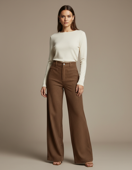 Pantalon Velours Marron Côtelé Large Taille Haute Décontracté - Cordé