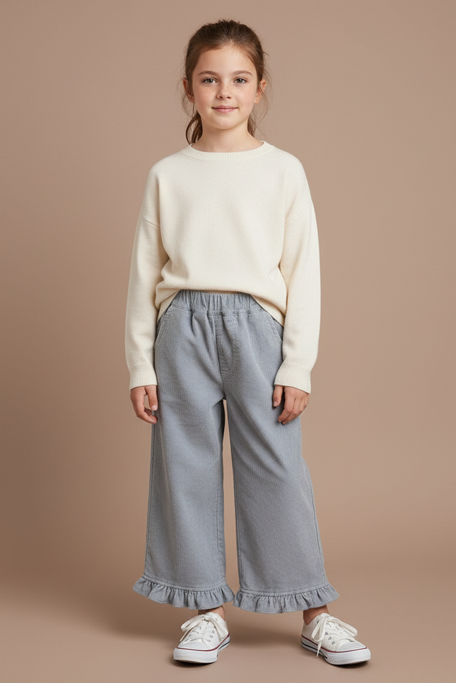 Pantalon Velours Côtelé Gris Volants Ample Fille - Cordé
