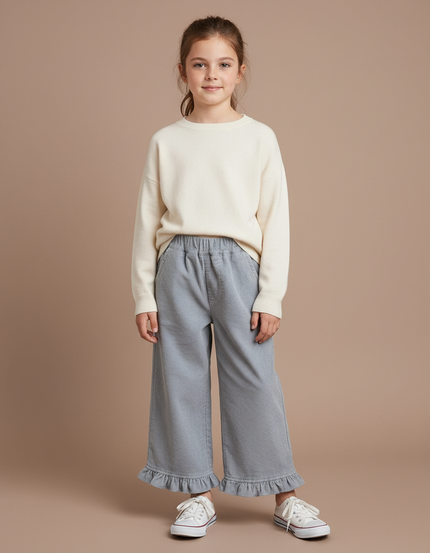 Pantalon Velours Côtelé Gris Volants Ample Fille - Cordé