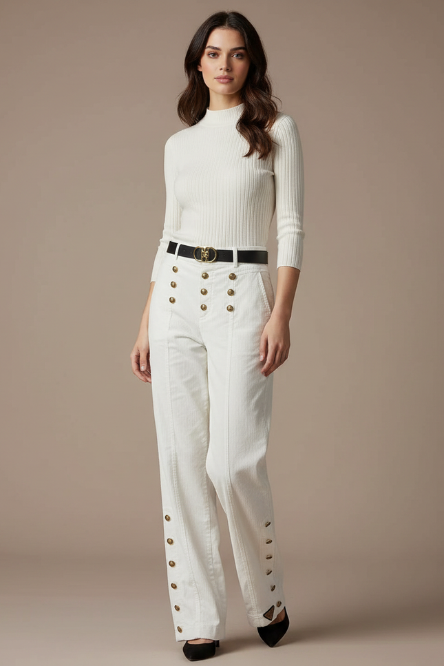 Pantalon Velours Blanc Côtelé Boutons Dorés Taille Haute