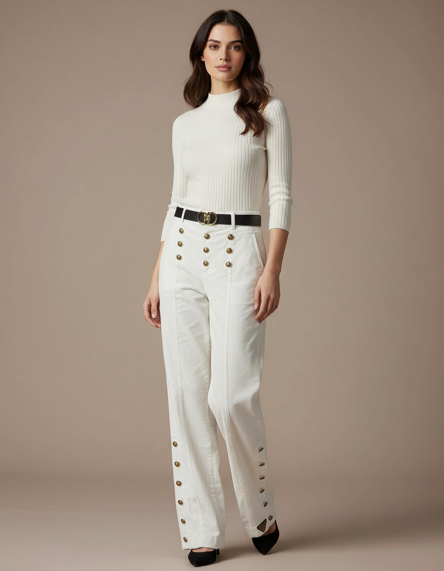 Pantalon Velours Blanc Côtelé Boutons Dorés Taille Haute