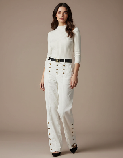Pantalon Velours Blanc Côtelé Boutons Dorés Taille Haute