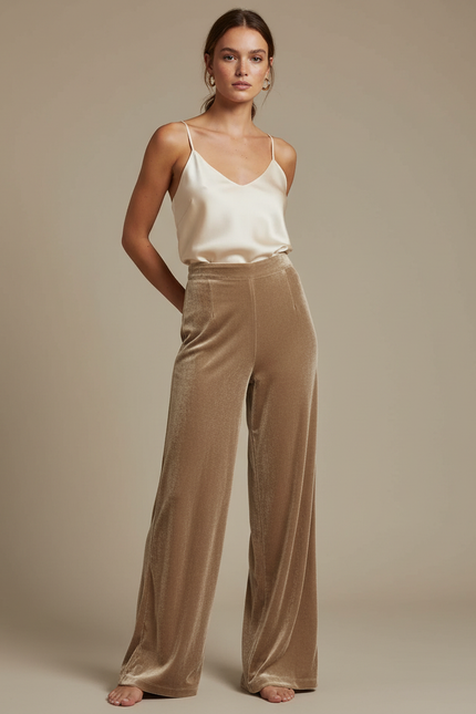 Pantalon Velours Doré Fluide Ample Élégant Femme