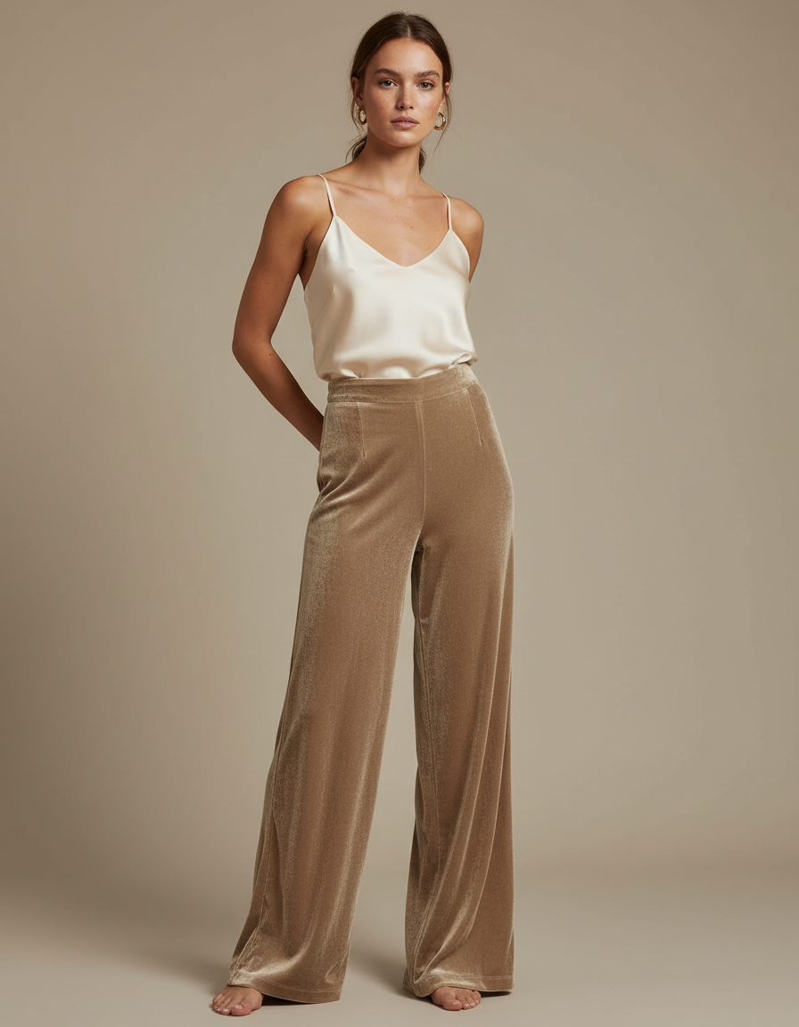 Pantalon Velours Doré Fluide Ample Élégant Femme