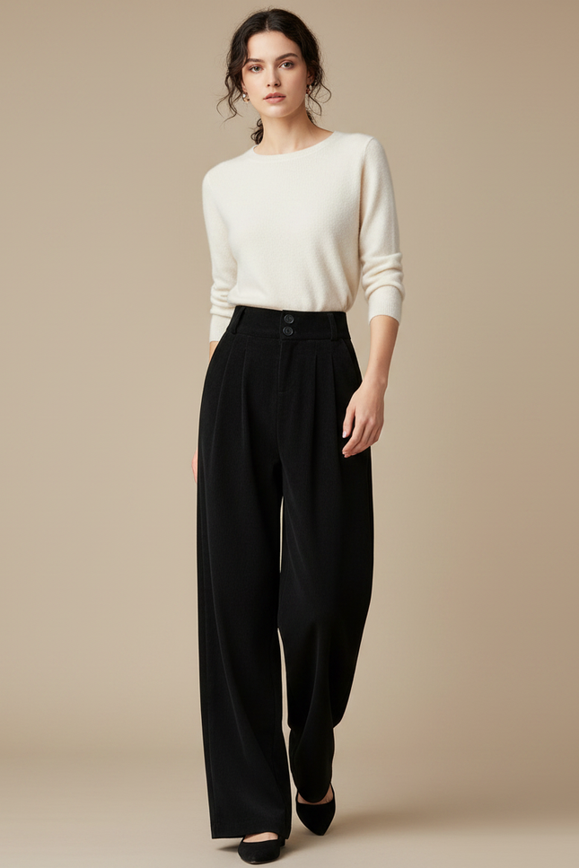 Pantalon Velours Noir Ample Taille Haute Plissé Femme