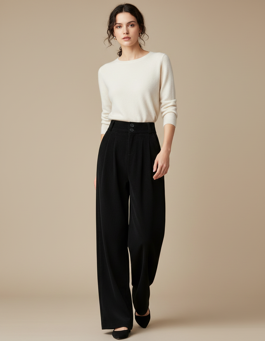 Pantalon Velours Noir Ample Taille Haute Plissé Femme