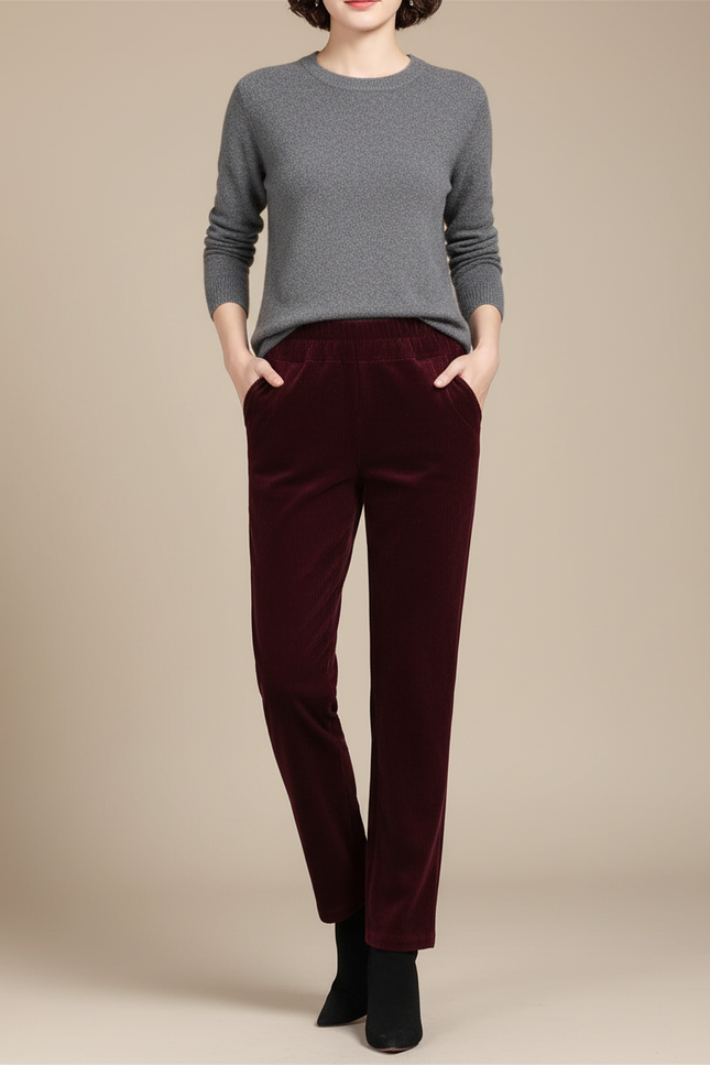 Pantalon Velours Bordeaux Côtelé Droit Élastique Hiver - Cordé