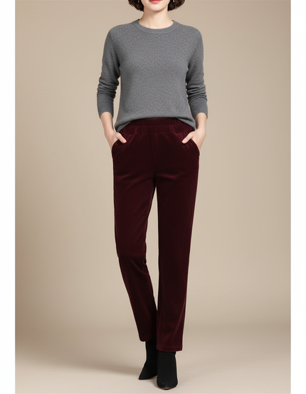 Pantalon Velours Bordeaux Côtelé Droit Élastique Hiver - Cordé