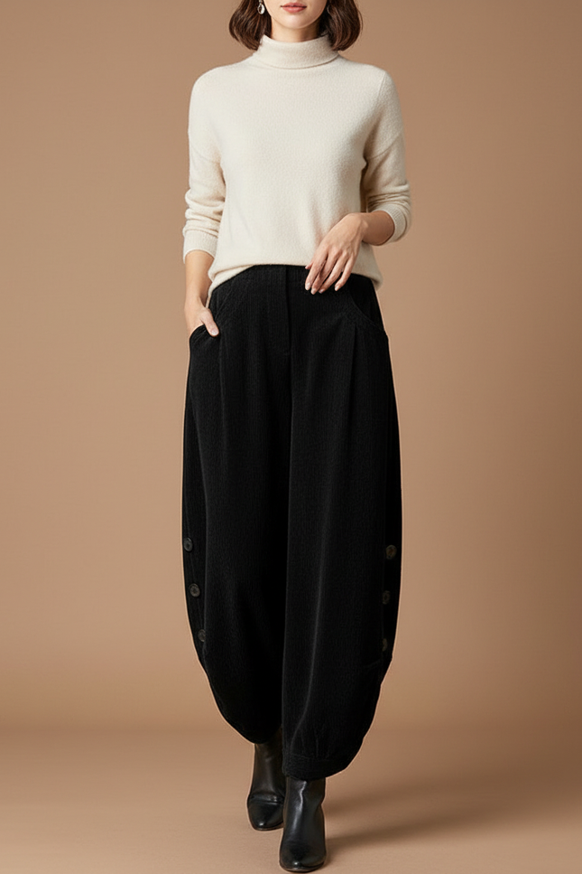Pantalon Japonais En Velours - Noir Cordé
