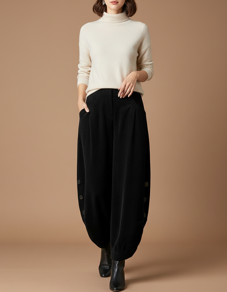 Pantalon Japonais En Velours - Noir Cordé