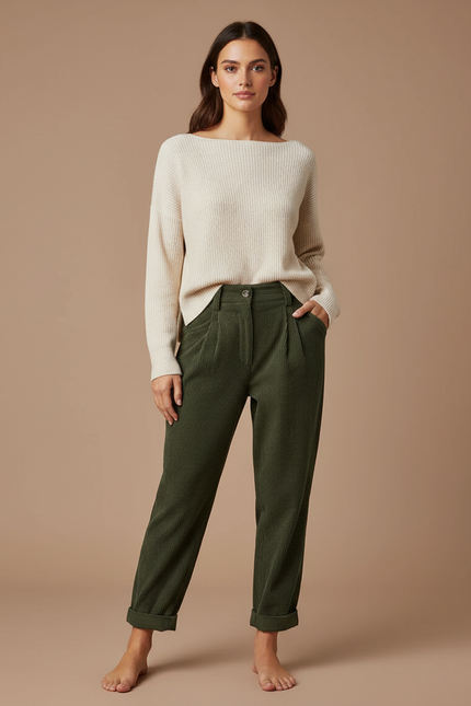 Pantalon Velours Femme Kaki - Cordé