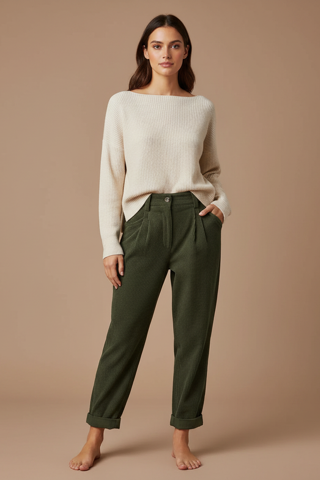 Pantalon Velours Femme Kaki - Cordé