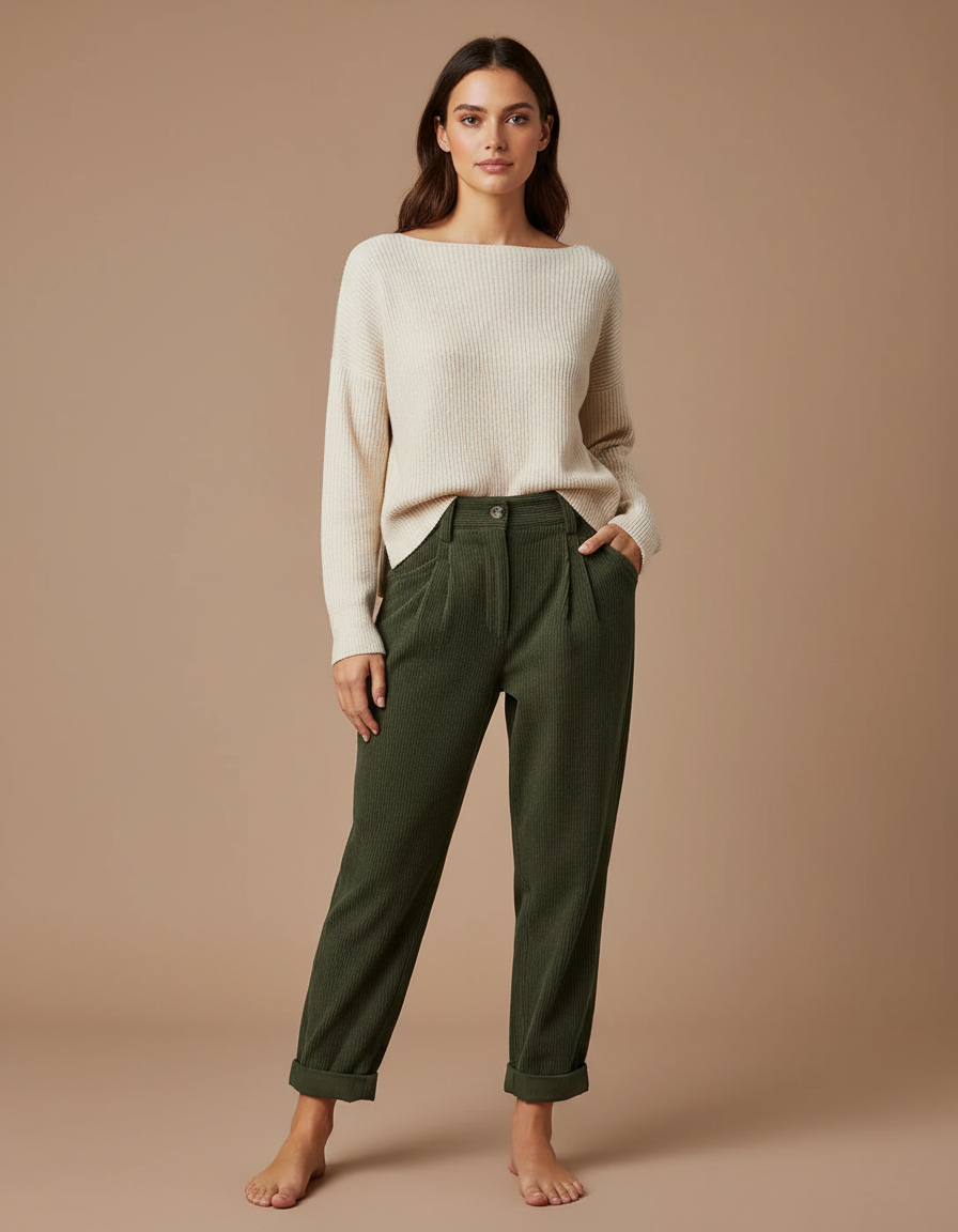 Pantalon Velours Femme Kaki - Cordé