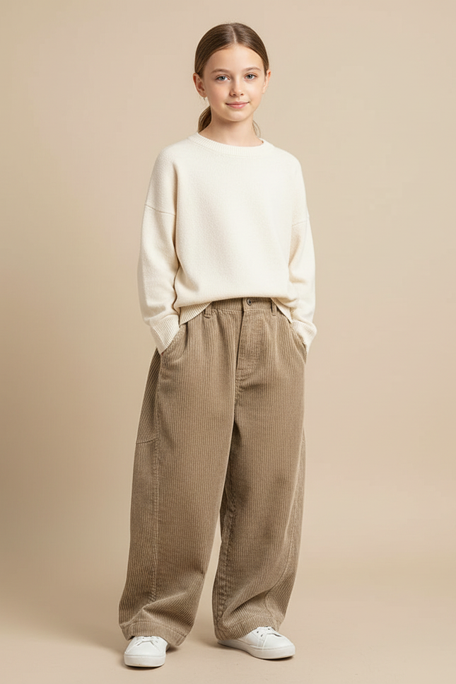 Pantalon Velours Côtelé Ample Droit Enfant Beige - Cordé