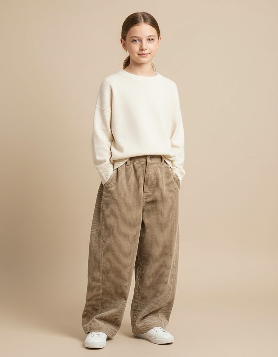 Pantalon Velours Côtelé Ample Droit Enfant Beige - Cordé