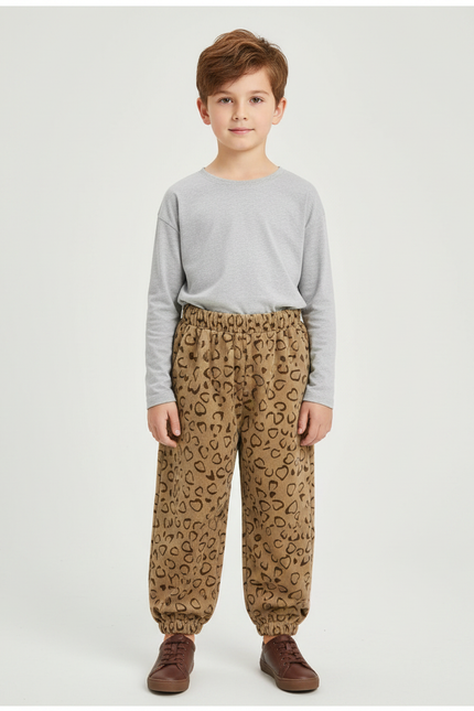 Pantalon Velours Marron Imprimé Coeurs Ample Enfant - Cordé