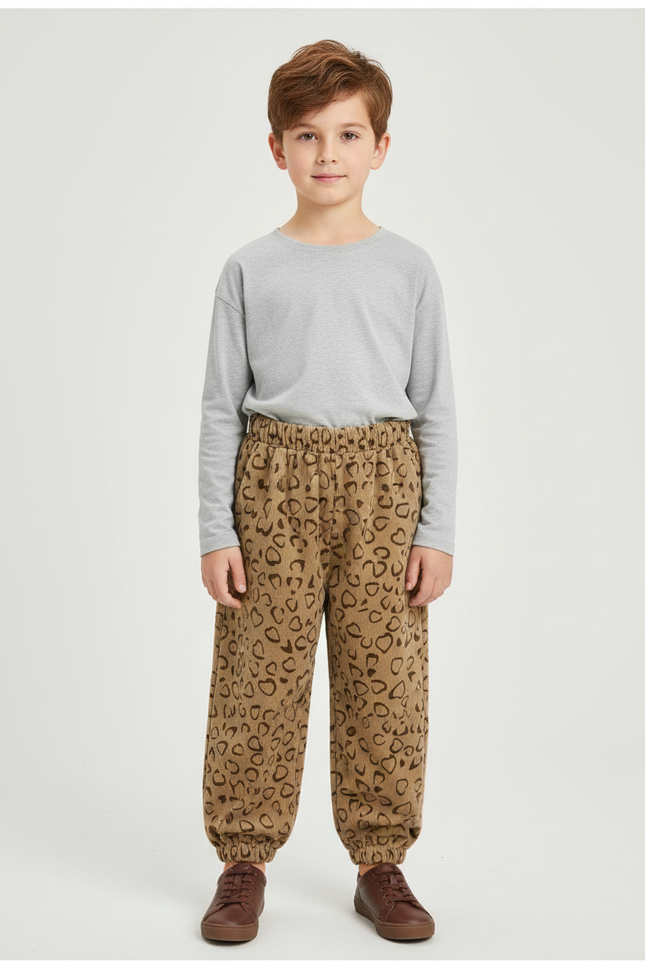 Pantalon Velours Marron Imprimé Coeurs Ample Enfant - Cordé