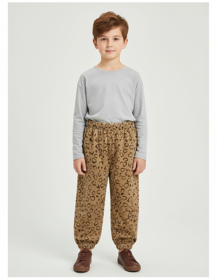 Pantalon Velours Marron Imprimé Coeurs Ample Enfant - Cordé