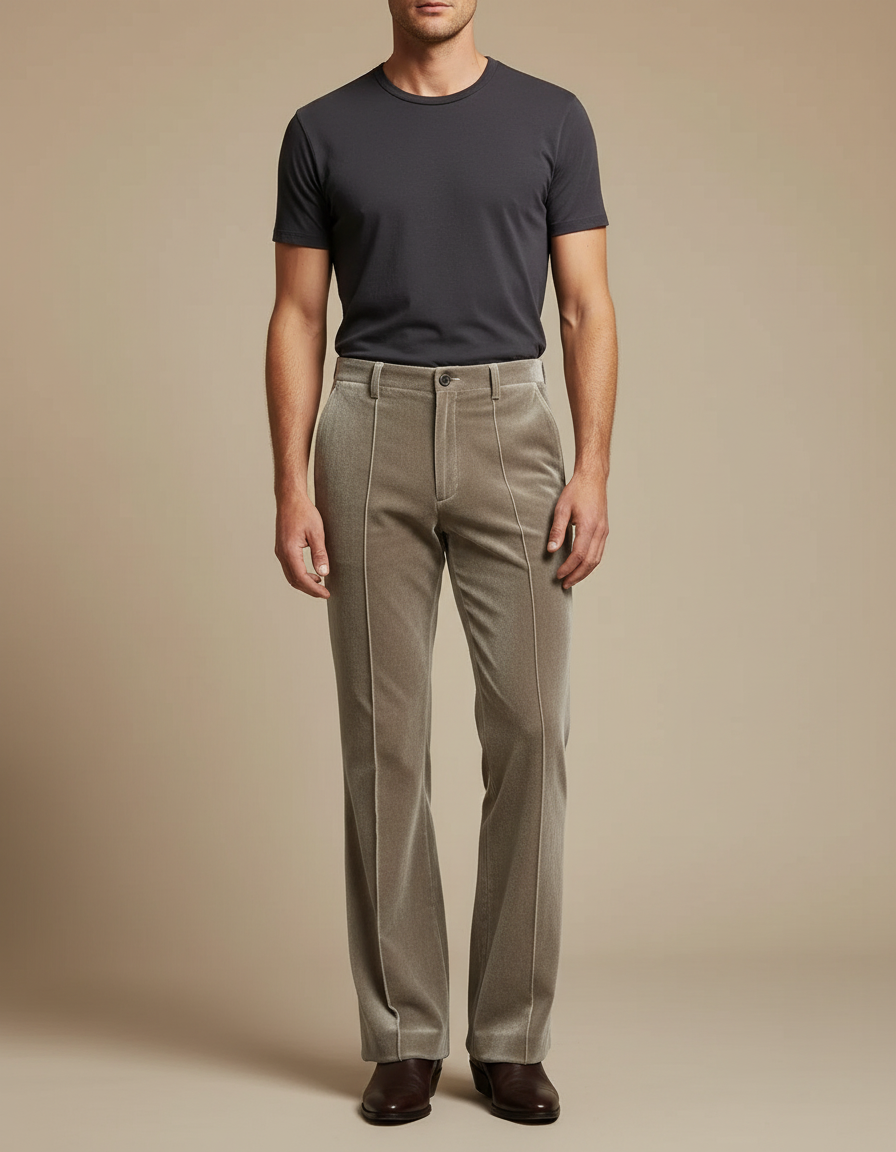 Pantalon Velours Beige Évasé Homme Décontracté Élégant