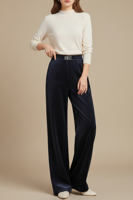 Pantalon Velours Marine Côtelé Large Décontracté Femme - Cordé