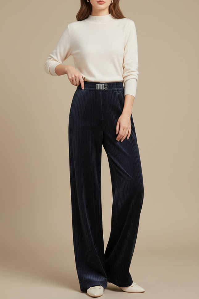 Pantalon Velours Marine Côtelé Large Décontracté Femme - Cordé