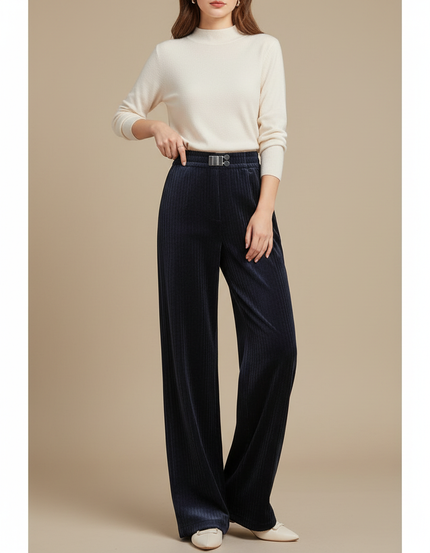 Pantalon Velours Marine Côtelé Large Décontracté Femme - Cordé
