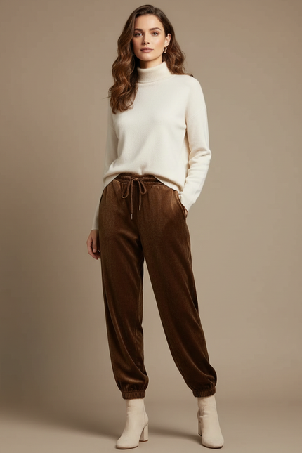 Pantalon Velours Marron Côtelé Jogger Décontracté Femme - Cordé