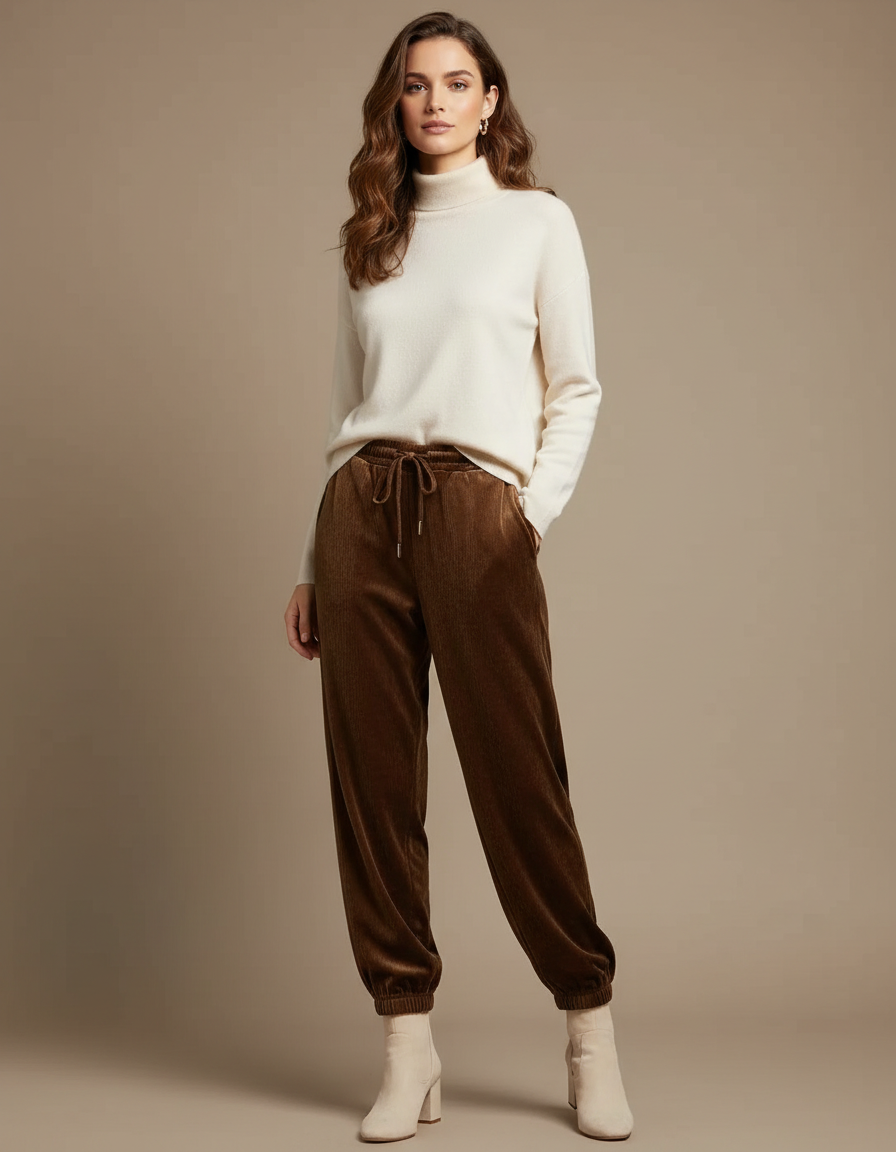 Pantalon Velours Marron Côtelé Jogger Décontracté Femme - Cordé