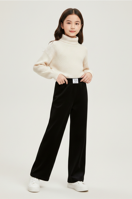 Pantalon Velours Noir Côtelé Ample Fille Décontracté - Cordé