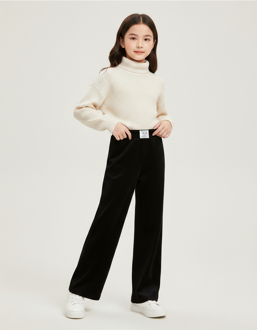 Pantalon Velours Noir Côtelé Ample Fille Décontracté - Cordé