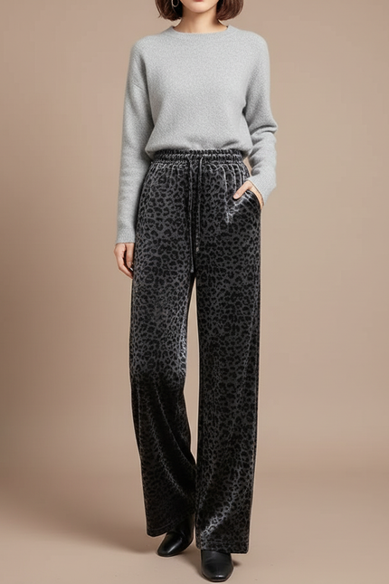 Pantalon Velours Imprimé Léopard Gris Ample Femme