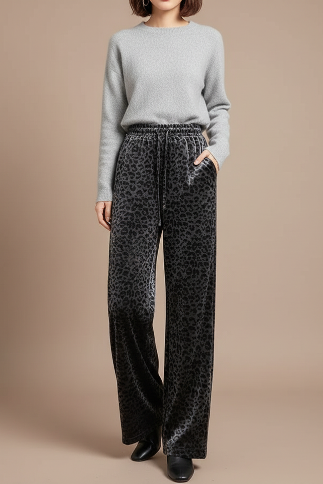 Pantalon Velours Imprimé Léopard Gris Ample Femme