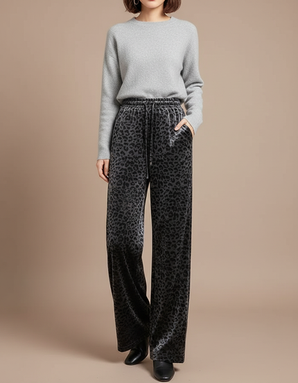 Pantalon Velours Imprimé Léopard Gris Ample Femme