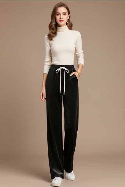 Pantalon Velours Noir Ample Taille Haute Droit Femme