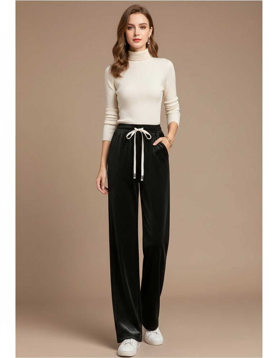 Pantalon Velours Noir Ample Taille Haute Droit Femme
