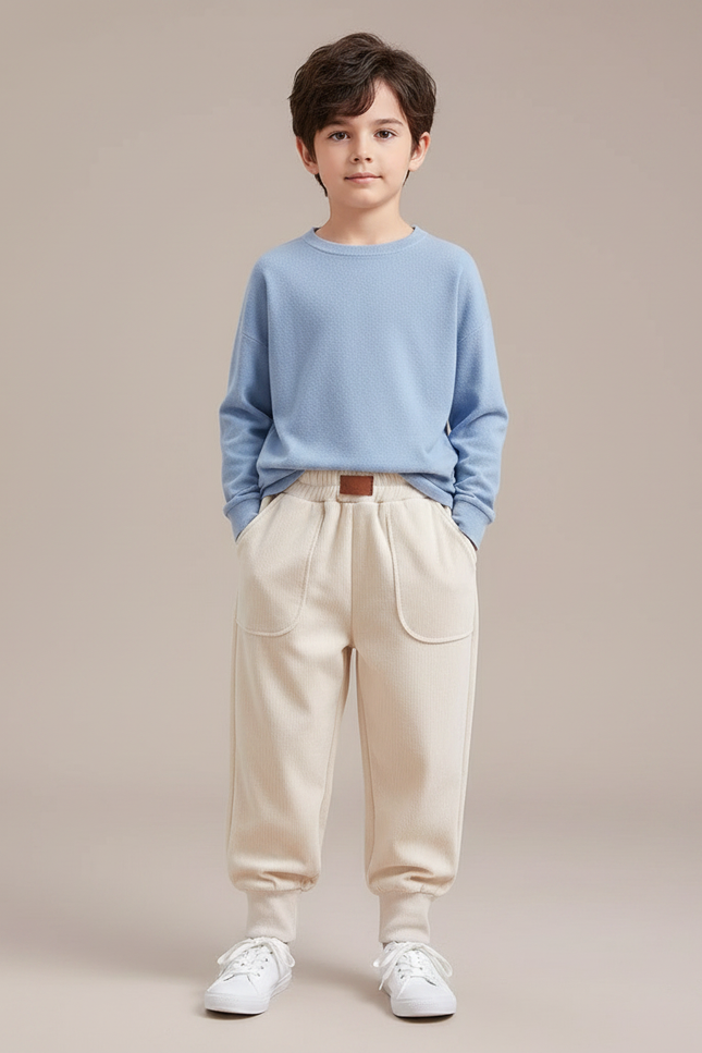 Pantalon Velours Beige Écru Ample Décontracté Enfant - Molleton