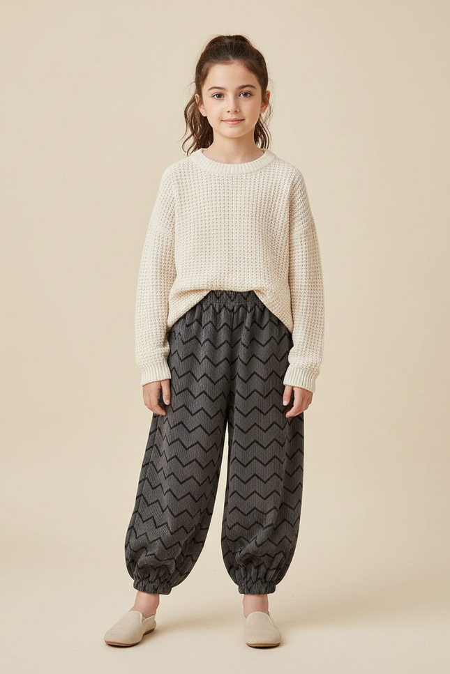 Pantalon Velours Gris Côtelé Imprimé Chevrons Ample Enfant - Cordé