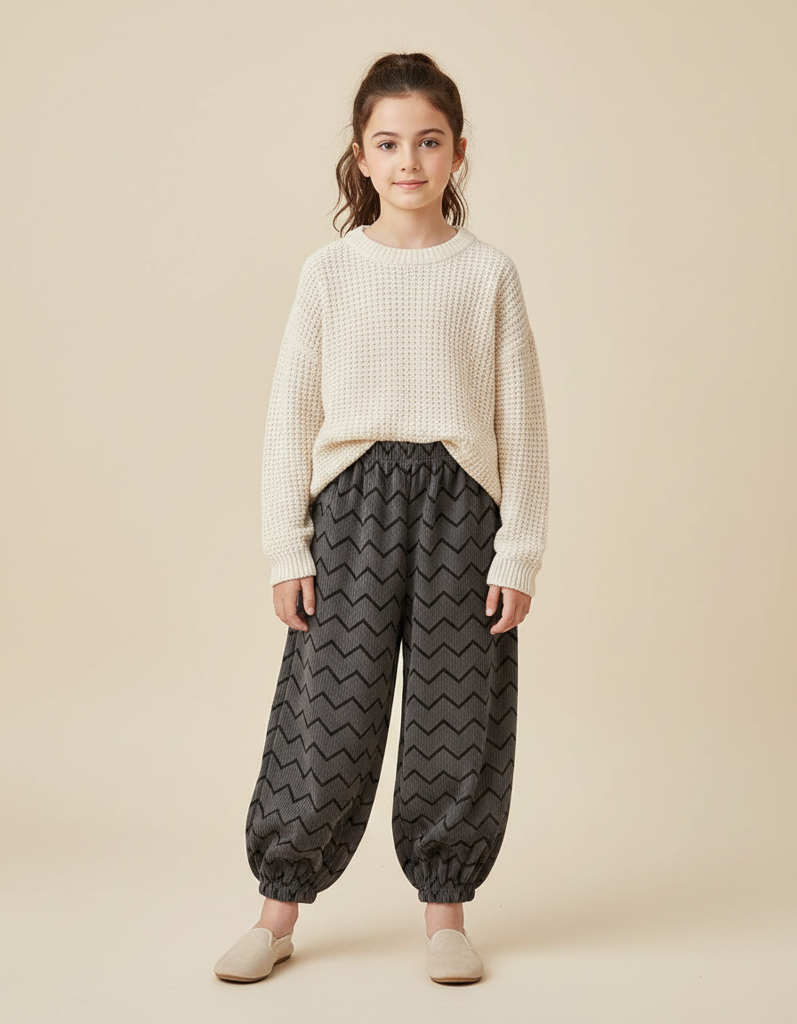 Pantalon Velours Gris Côtelé Imprimé Chevrons Ample Enfant - Cordé