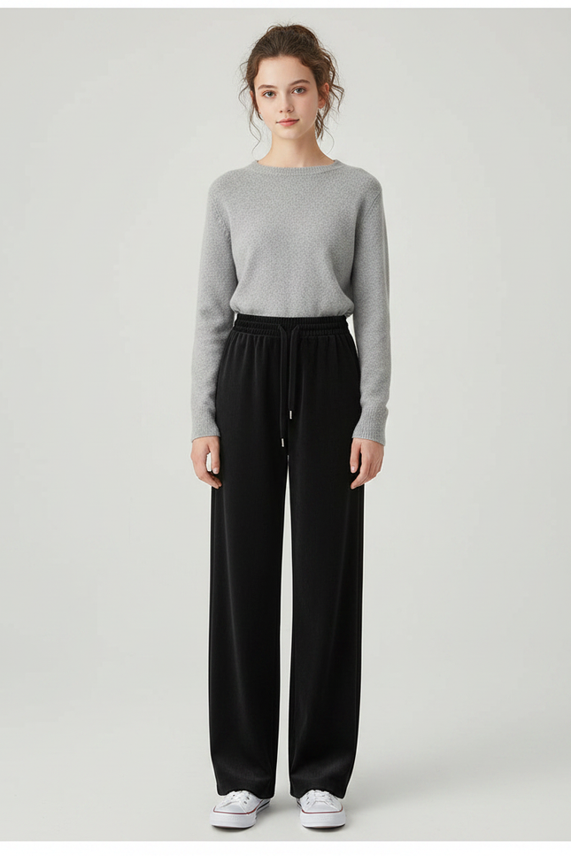 Pantalon Velours Noir Ample Taille Haute Décontracté Femme