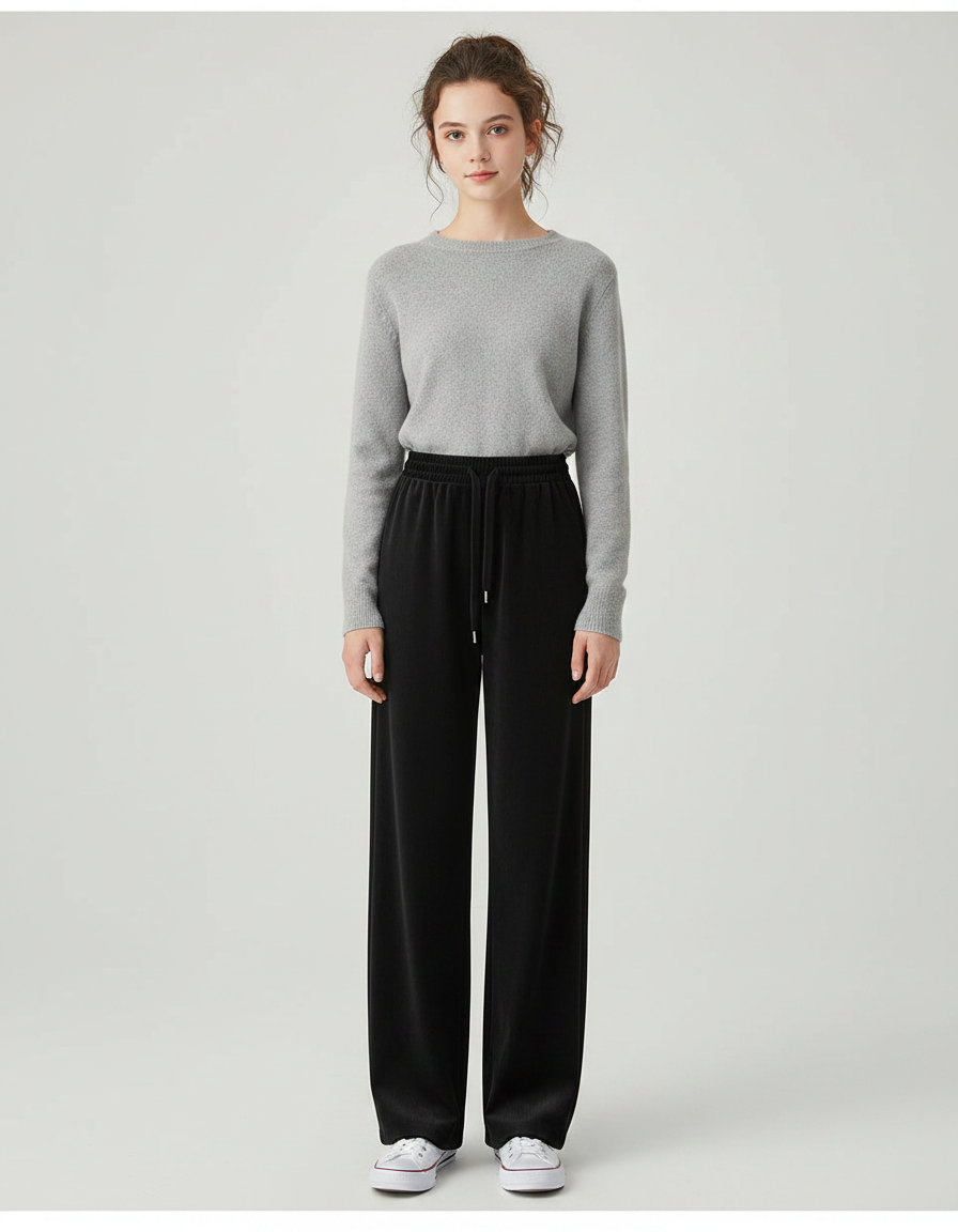 Pantalon Velours Noir Ample Taille Haute Décontracté Femme