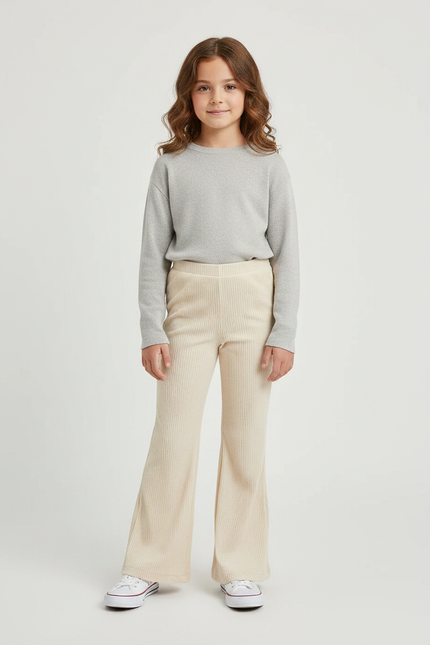Pantalon Velours Beige Côtelé Évasé Confortable Fille - Cordé