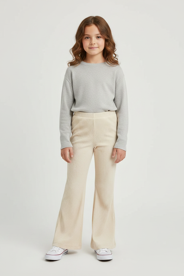 Pantalon Velours Beige Côtelé Évasé Confortable Fille - Cordé