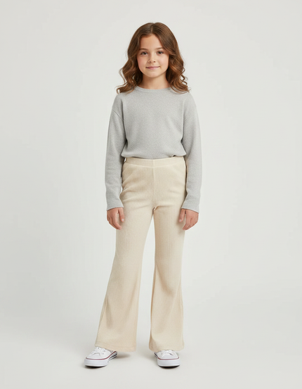 Pantalon Velours Beige Côtelé Évasé Confortable Fille - Cordé