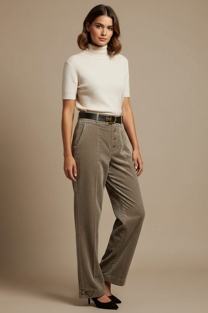 Pantalon Velours Côtelé Femme Ample Taille Haute Boutons - Kaki Cordé
