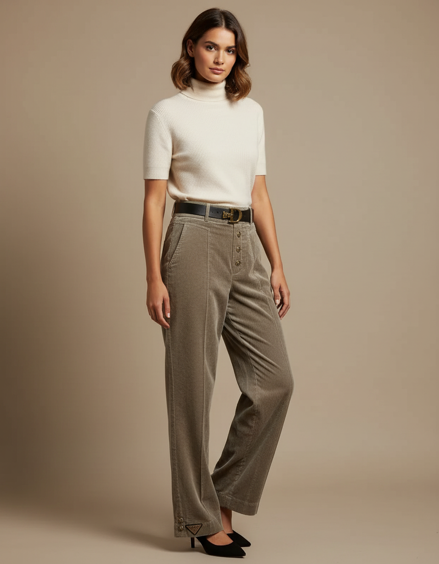 Pantalon Velours Côtelé Femme Ample Taille Haute Boutons - Kaki Cordé