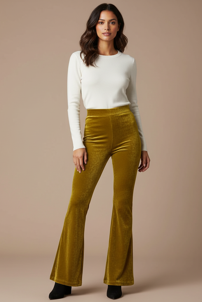 Pantalon Velours Évasé Taille Haute Confortable Femme - Doré
