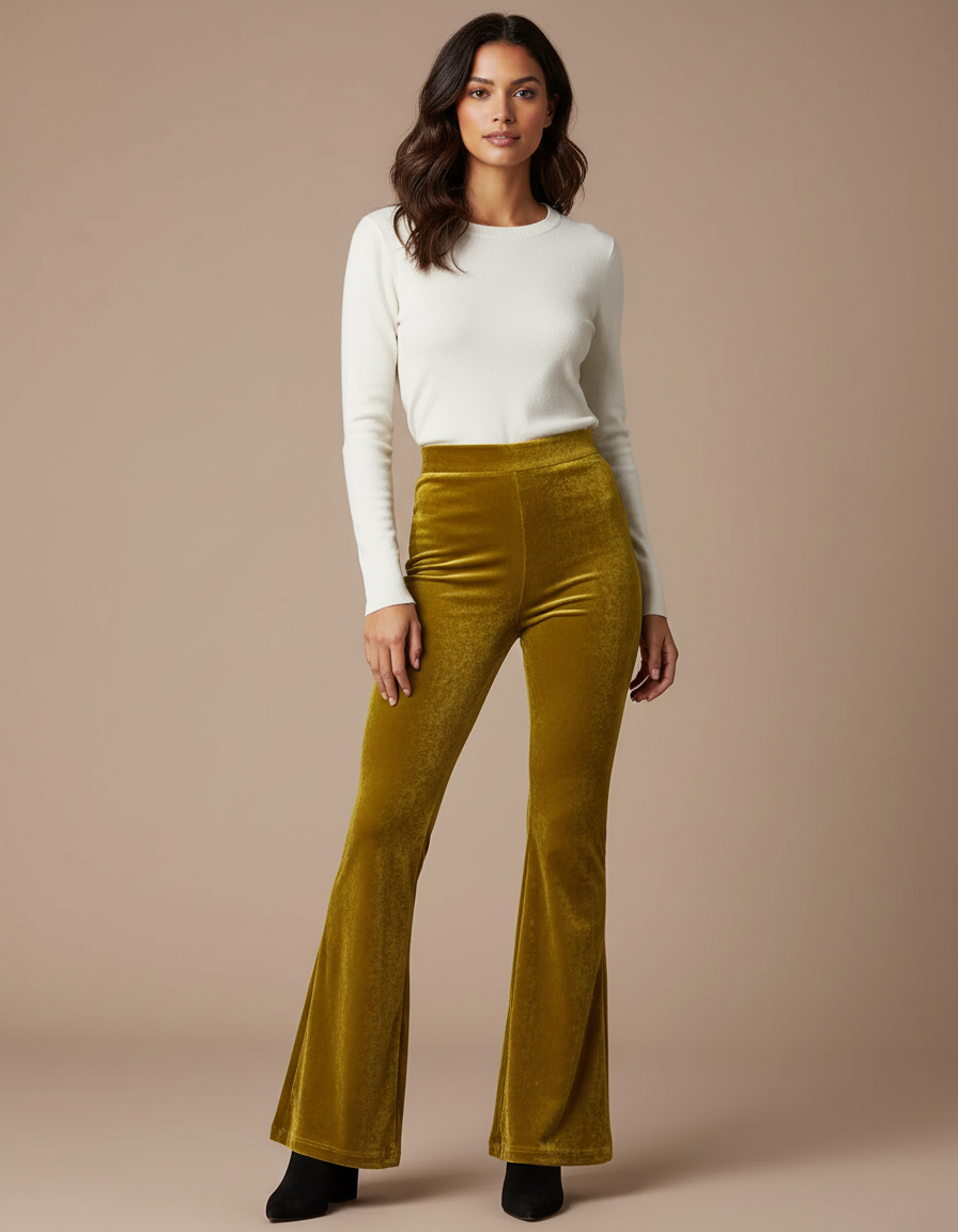 Pantalon Velours Évasé Taille Haute Confortable Femme - Doré