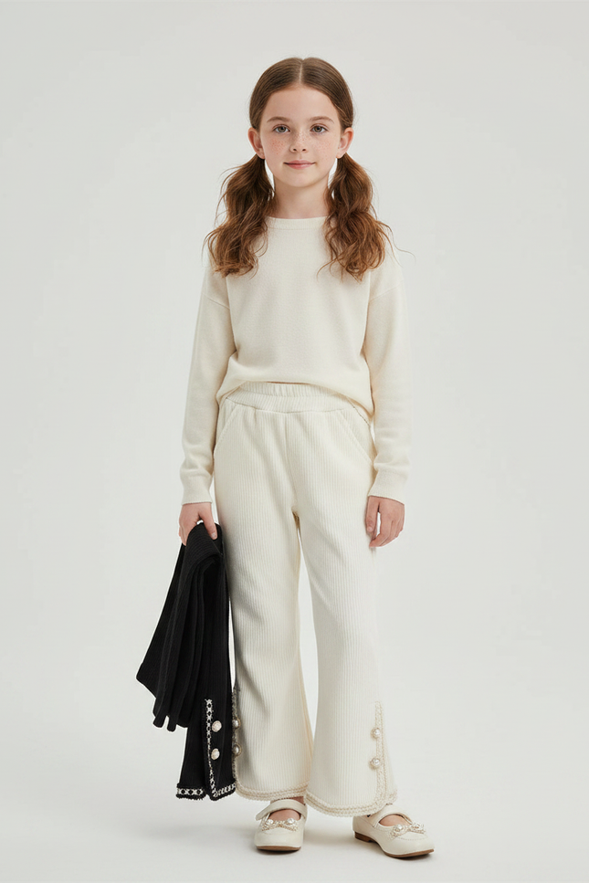 Pantalon Velours Écru Côtelé Évasé Boutons Fille - Beige Cordé