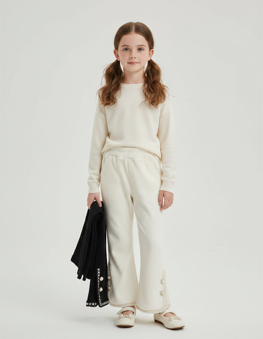 Pantalon Velours Écru Côtelé Évasé Boutons Fille - Beige Cordé